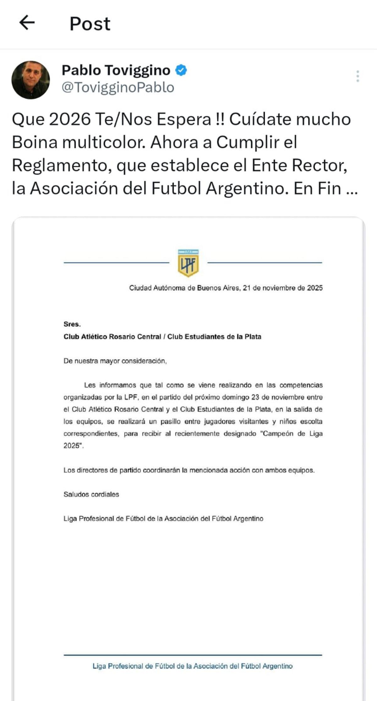 El tuit de Pablo Toviggino informando el pasillo de campeón (Captura)