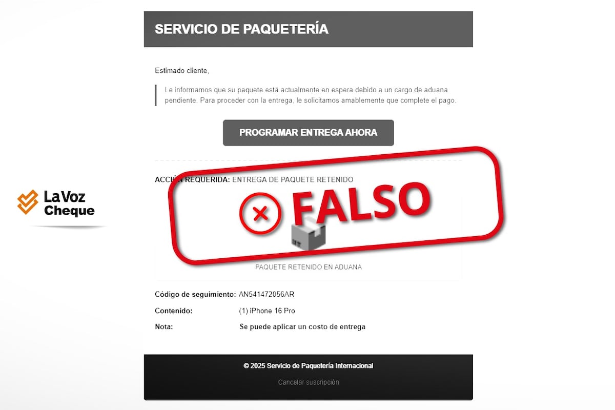 La Voz Chequea. Correo falso que dice ser de Claro miente sobre un supuesto paquete retenido para robar dinero.