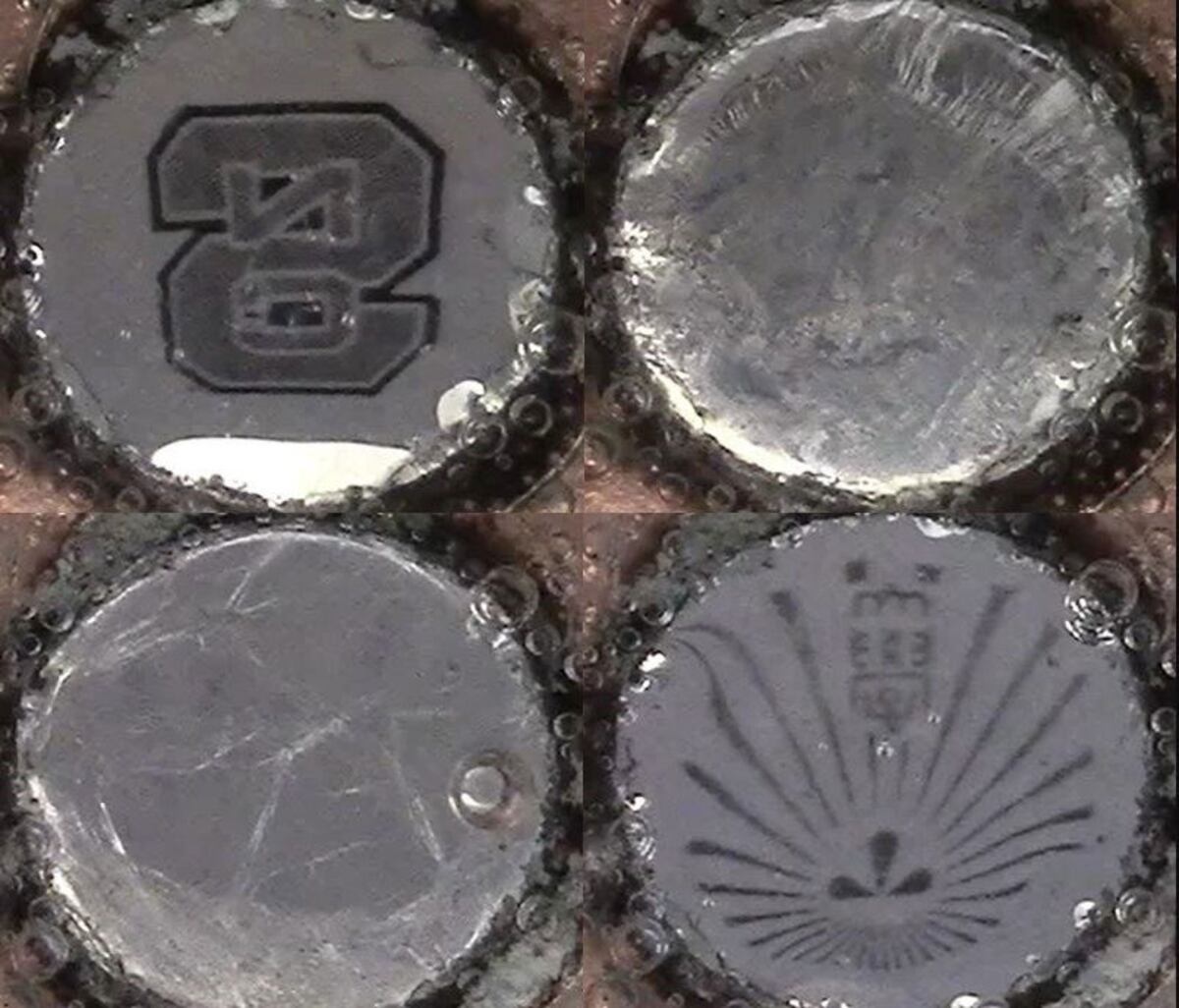 Desarrollaron una forma de cambiar dinámicamente la superficie del metal líquido entre estados reflectantes (arriba izq. y abajo a la der.) y de dispersión (arriba a la der., abajo a la izq.) (Keisuke Nakakubo, Kyushu Univers/ Europa Press/DPA)