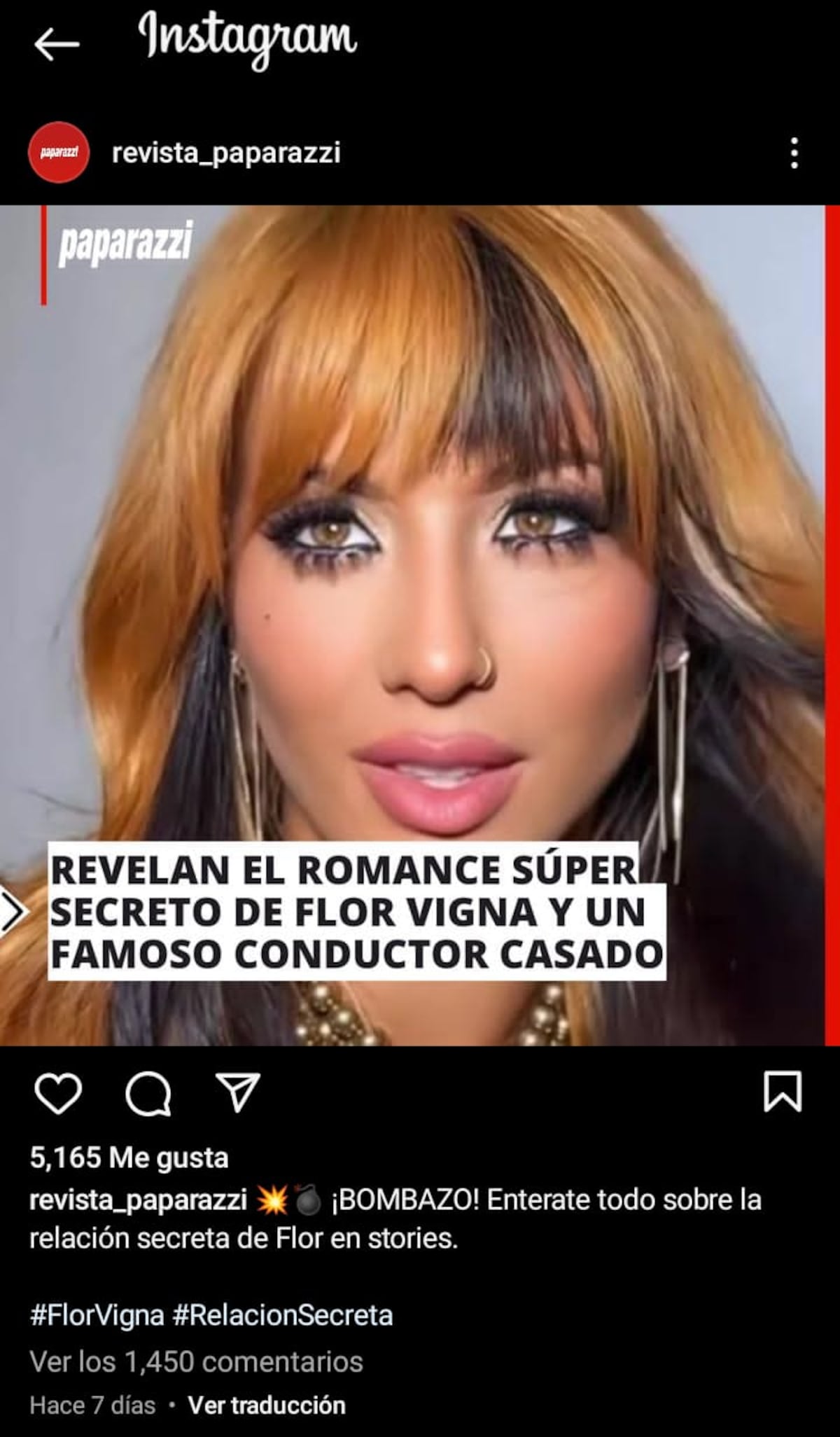 Publicación de Paparazzi sobre Flor Vigna.