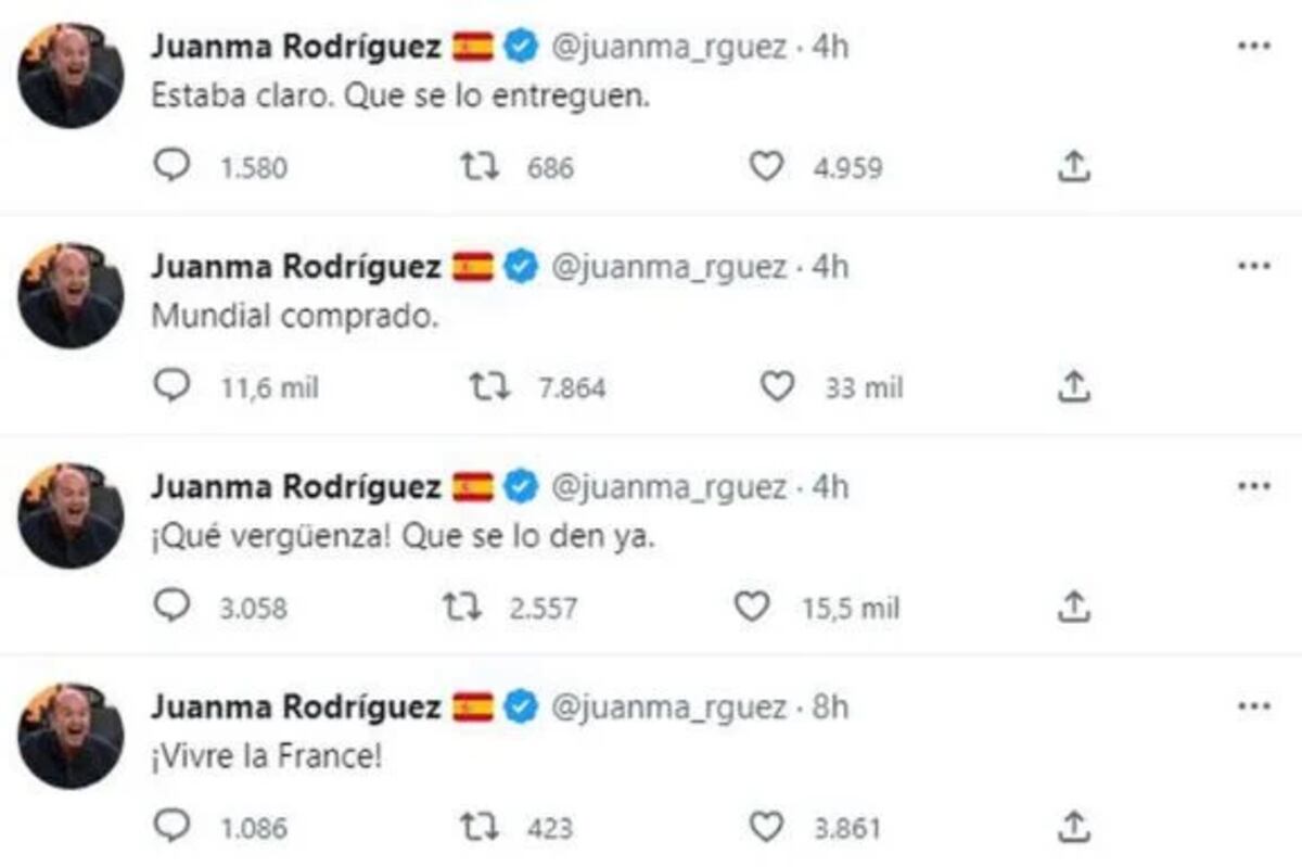 Los tuits del periodista español Juanma Rodríguez de El Chiringuito.