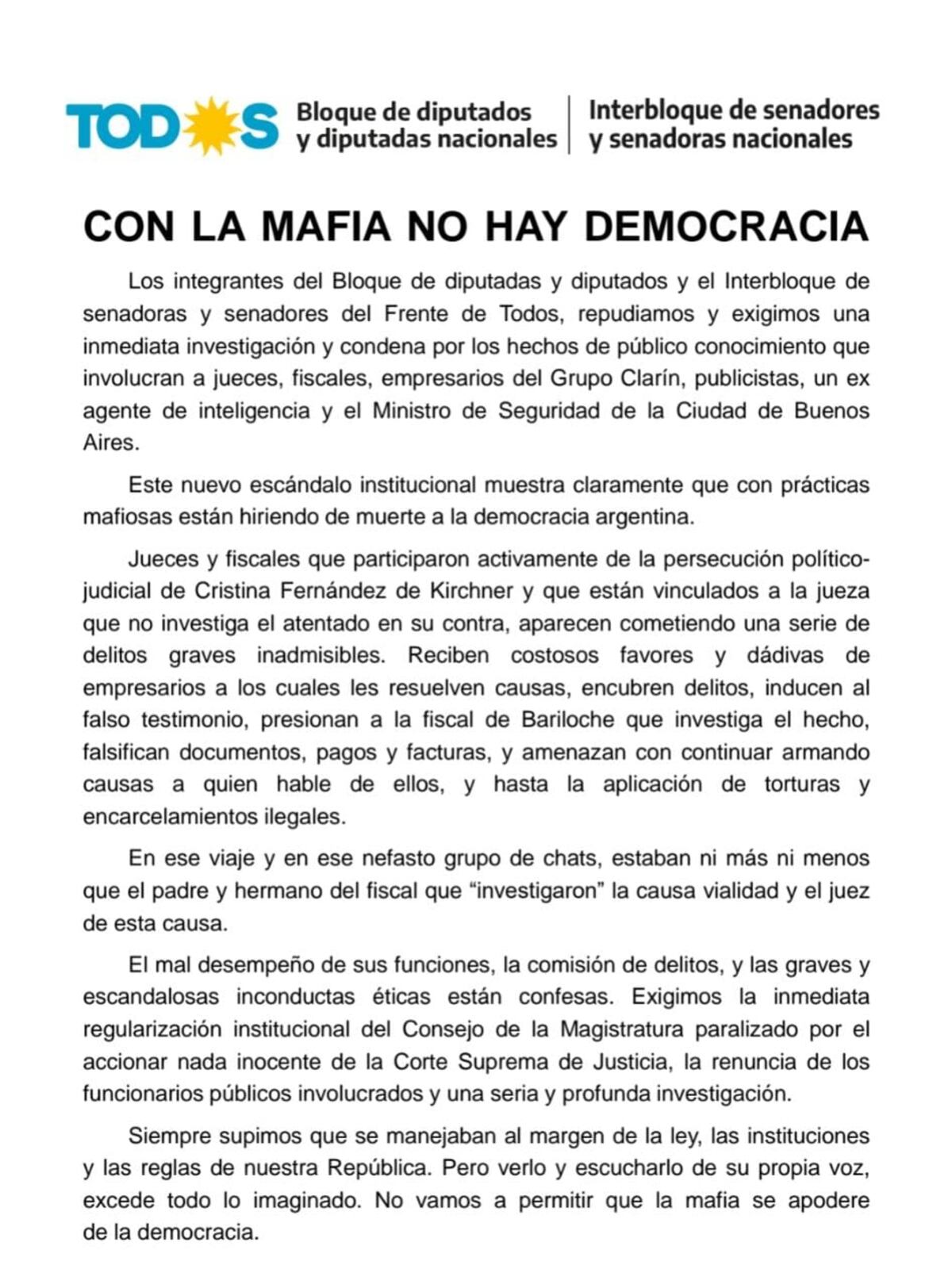 Comunicado Frente de Todos