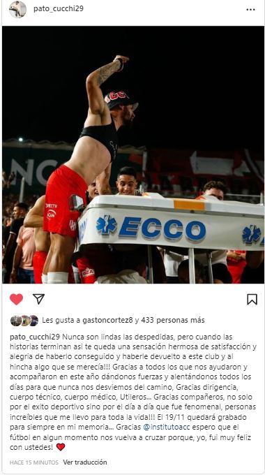 La despedida de Patricio Cucchi en sus redes. No sigue en Instituto. (Captura).