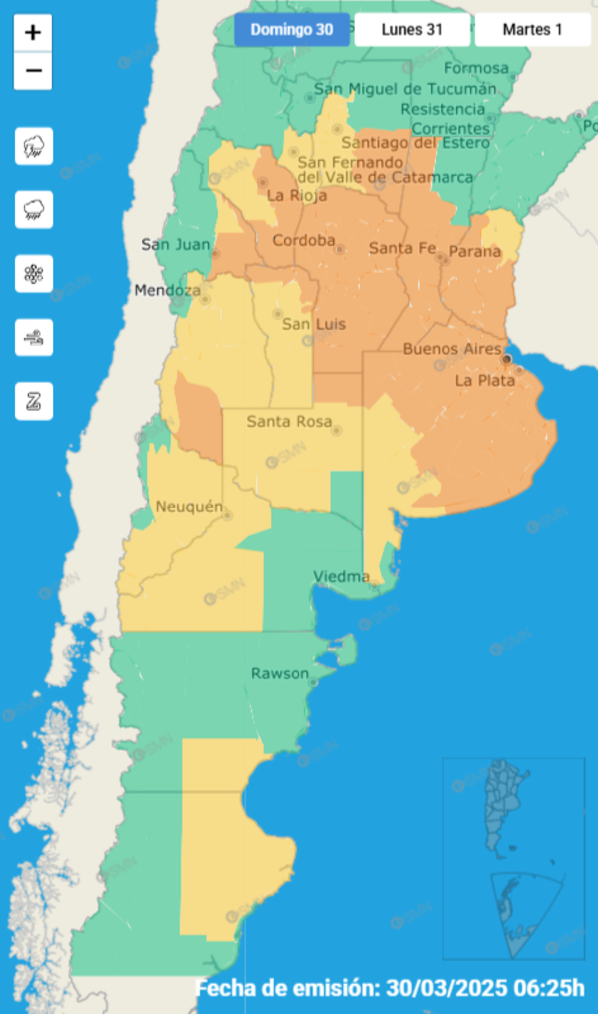 Clima. Alertas para este domingo 30 de marzo. (SMN)