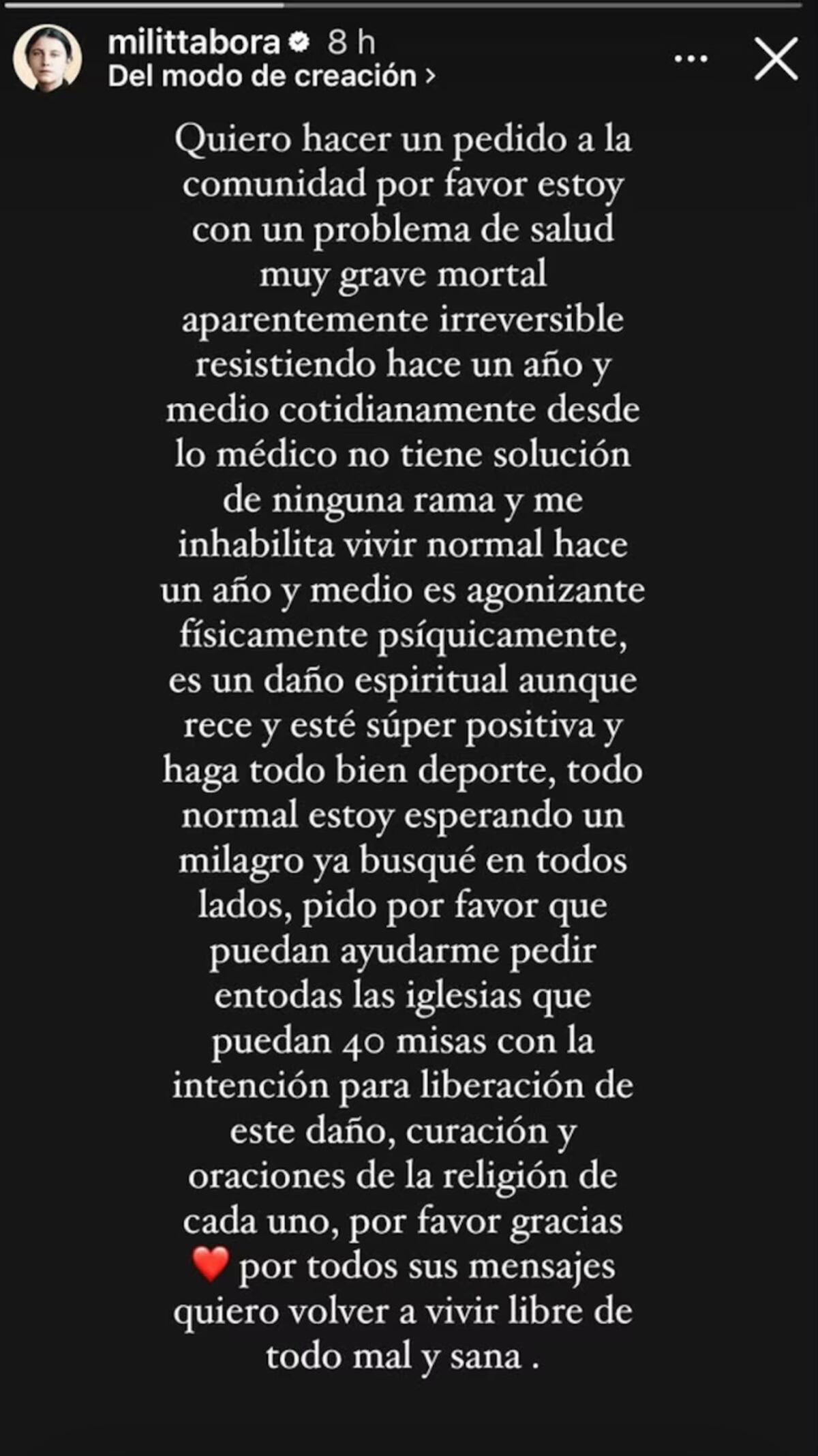 El desesperante y desgarrador mensaje de Militta Bora sobre su salud. (Foto: Captura de pantalla de Instagram)