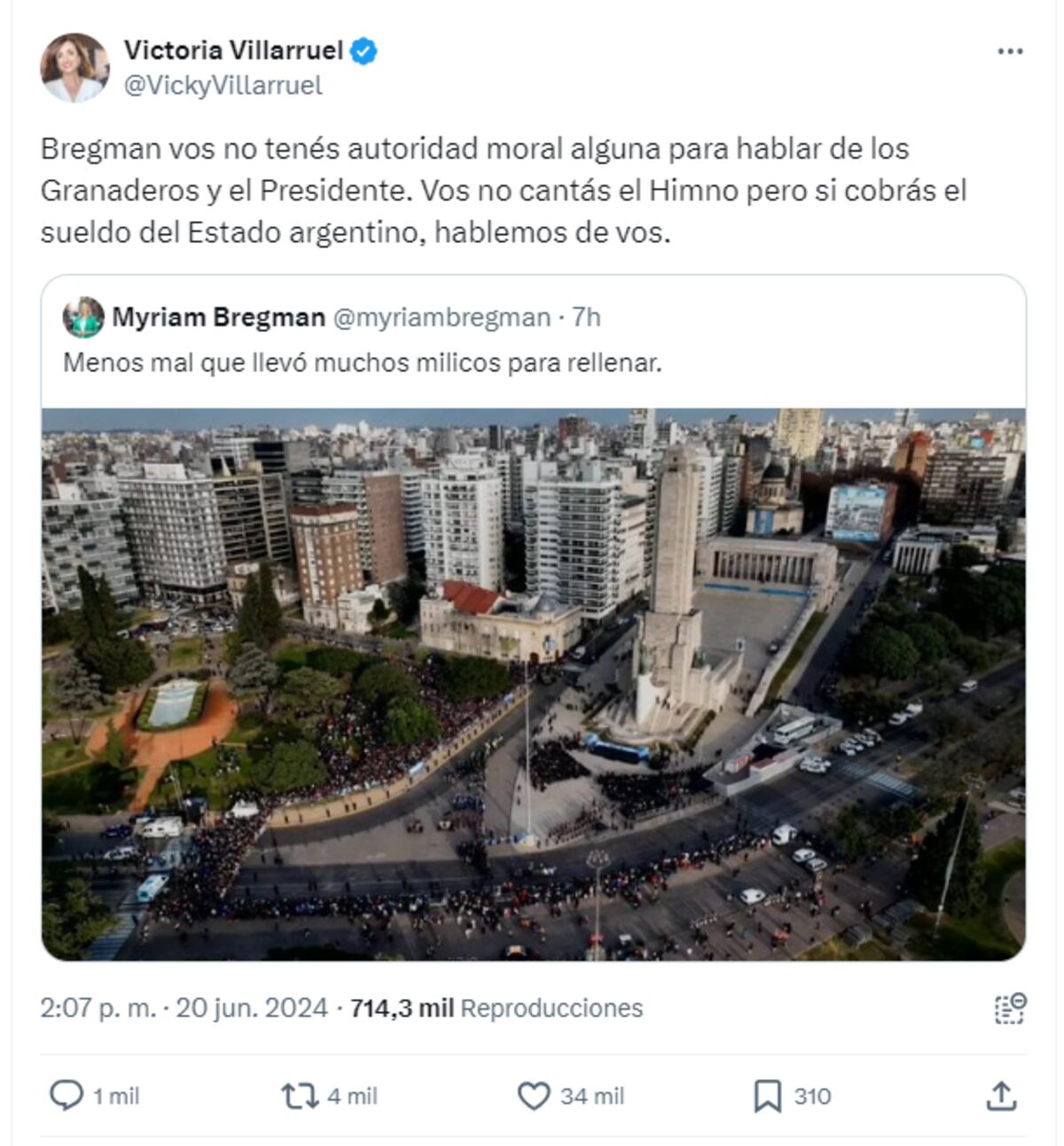 El cruce entre Victoria Villarruel y Myriam Bregman por el acto en Rosario en el Día de la Bandera. (Captura)