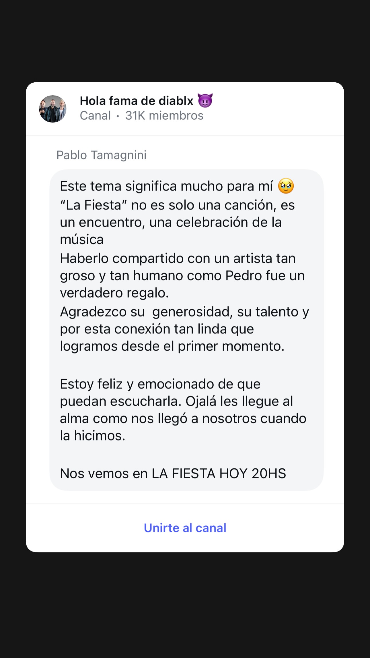 Las palabras de Pablo Tamagnini sobre la posibilidad de colaborar junto a Pedro Capó. (Instagram @tamagninipablo).