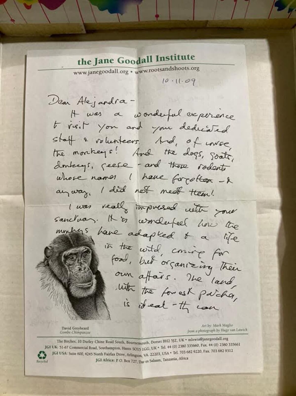 Luego de la visita, Jane le escribió a Alejandra. (Proyecto Carayá)
