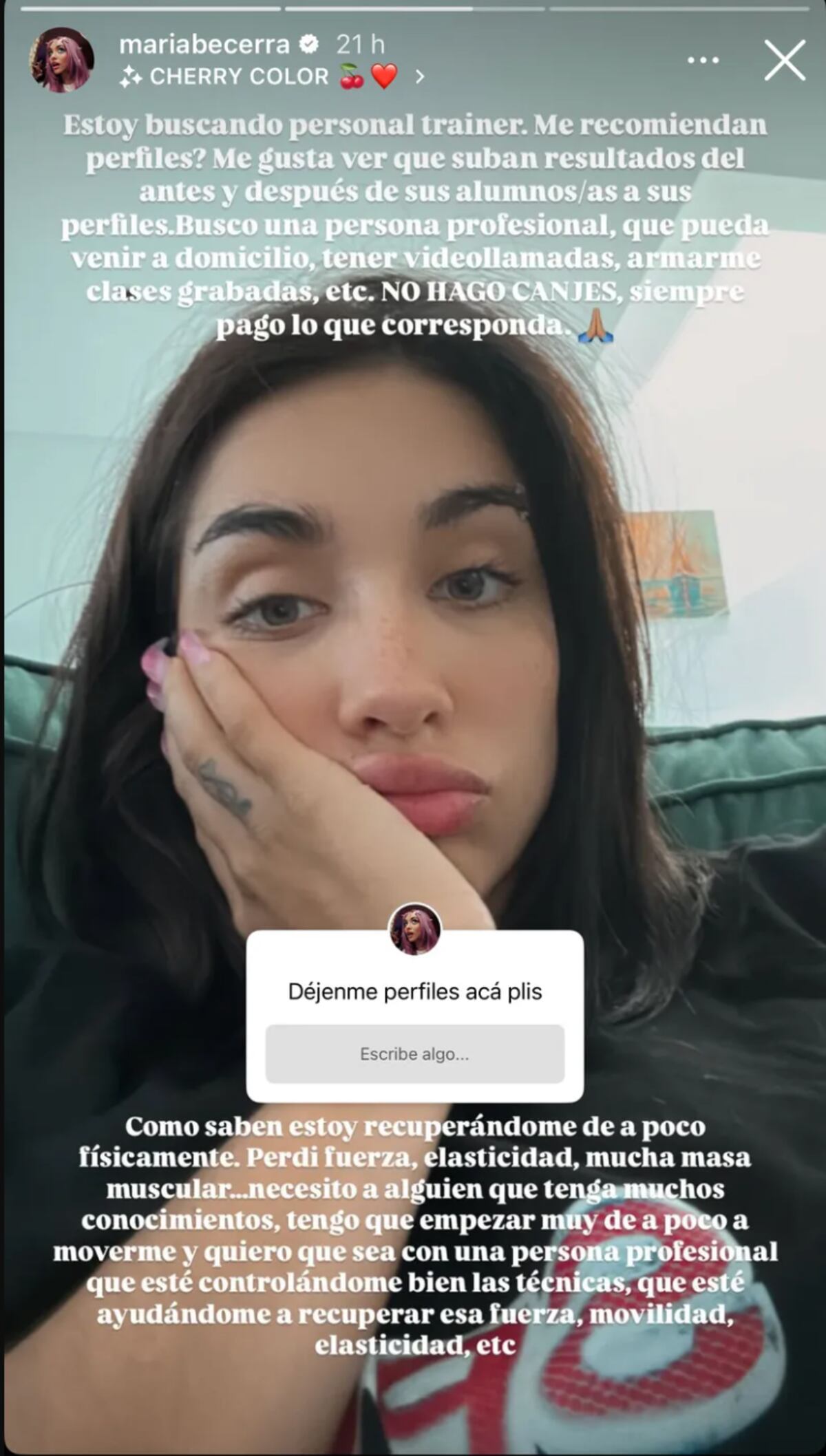 María Becerra dio detalles de su salud y pidió que alguien le recomiende un personal trainer. (Foto: Instagram)