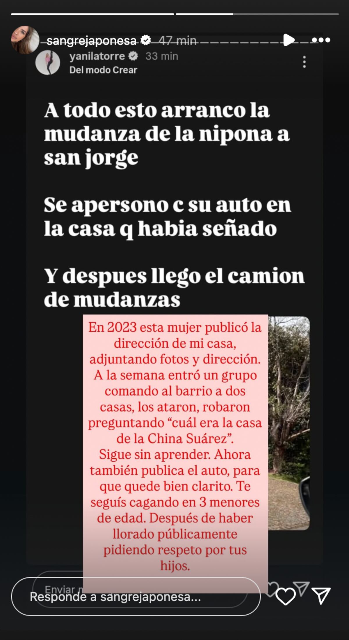La respuesta de China Suárez a la exposición de Yanina Latorre de su auto y su casa en Instagram. (Foto: captura de pantalla)