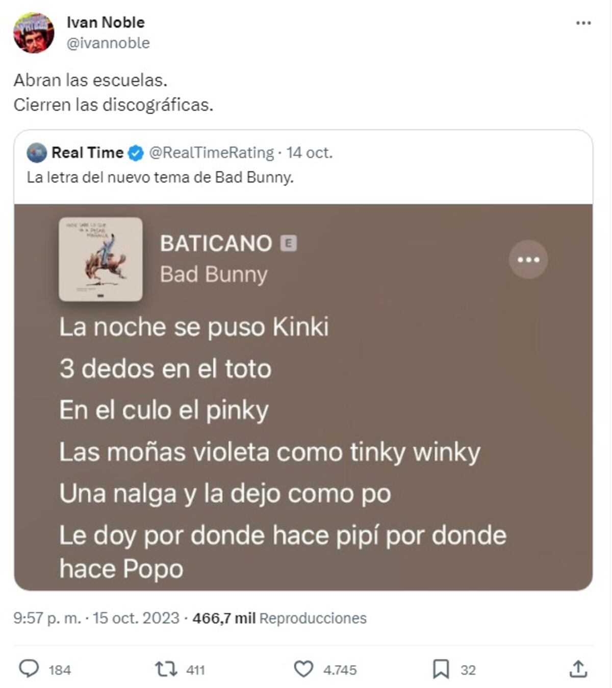 Iván Noble apuntó contra un fragmento de la canción "Baticano" de Bad Bunny (Captura de pantalla)