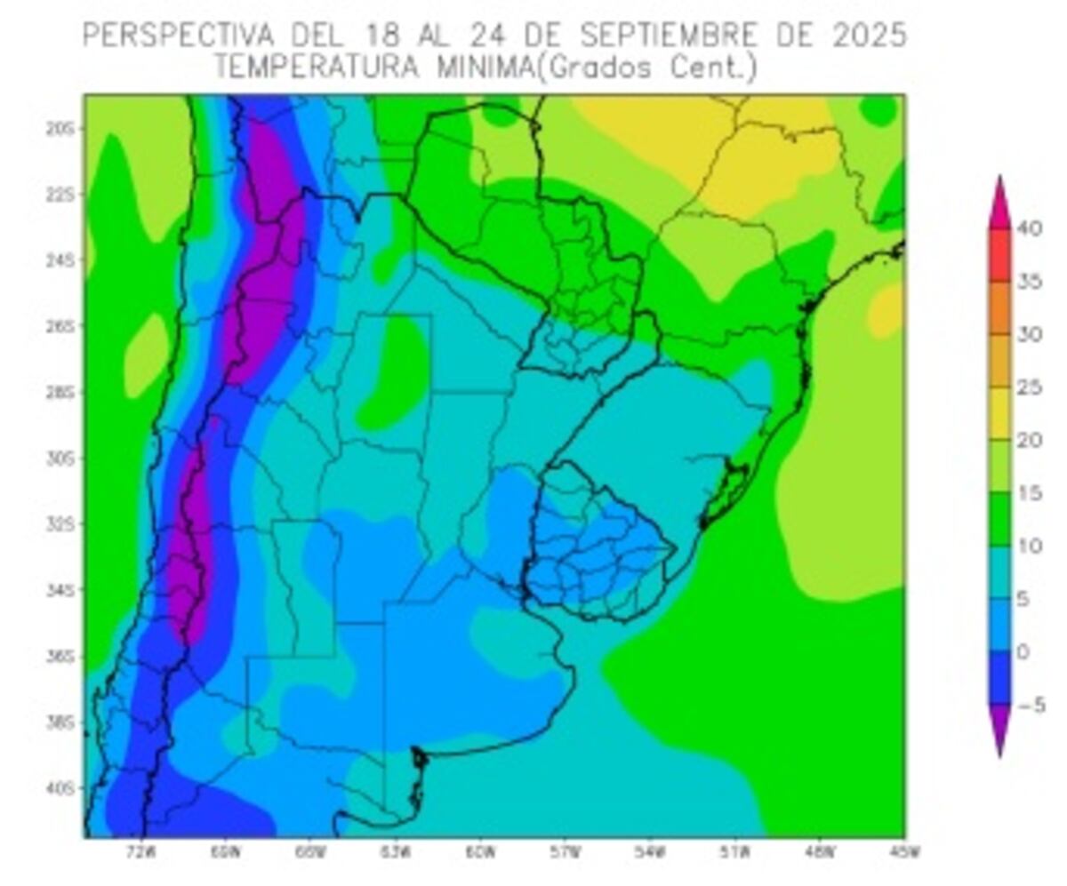 Perspectiva Agroclimática: temperaturas mínimas. (Gentileza Bolsa de Cereales de Buenos Aires)