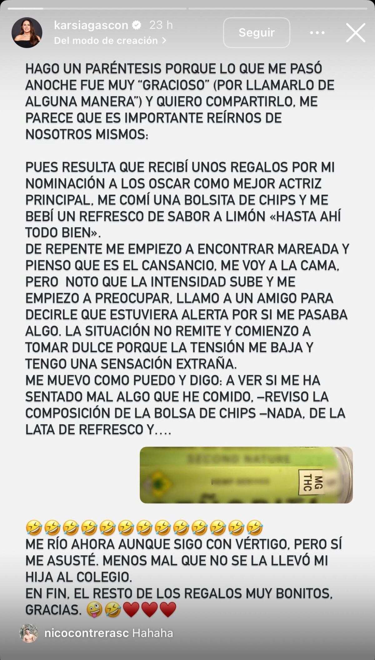 La historia que publicó Karla Sofía Gascón sobre su terrible experiencia (Captura de pantalla)