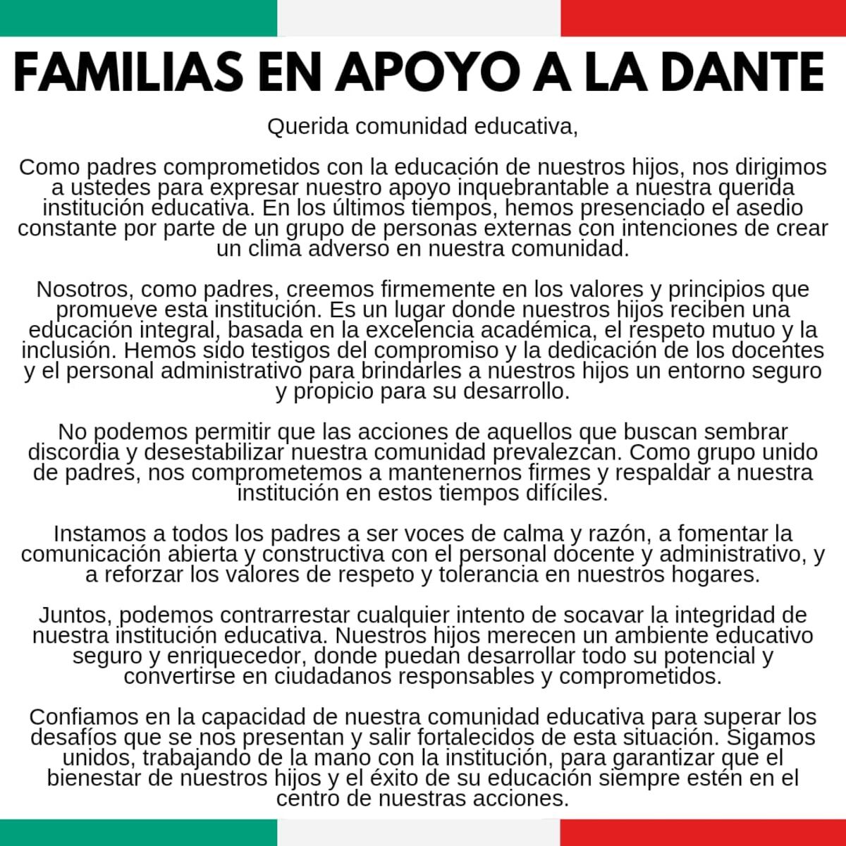Comunicación de padres en apoyo del colegio Dante Alighieri que circula por Whatsapp.