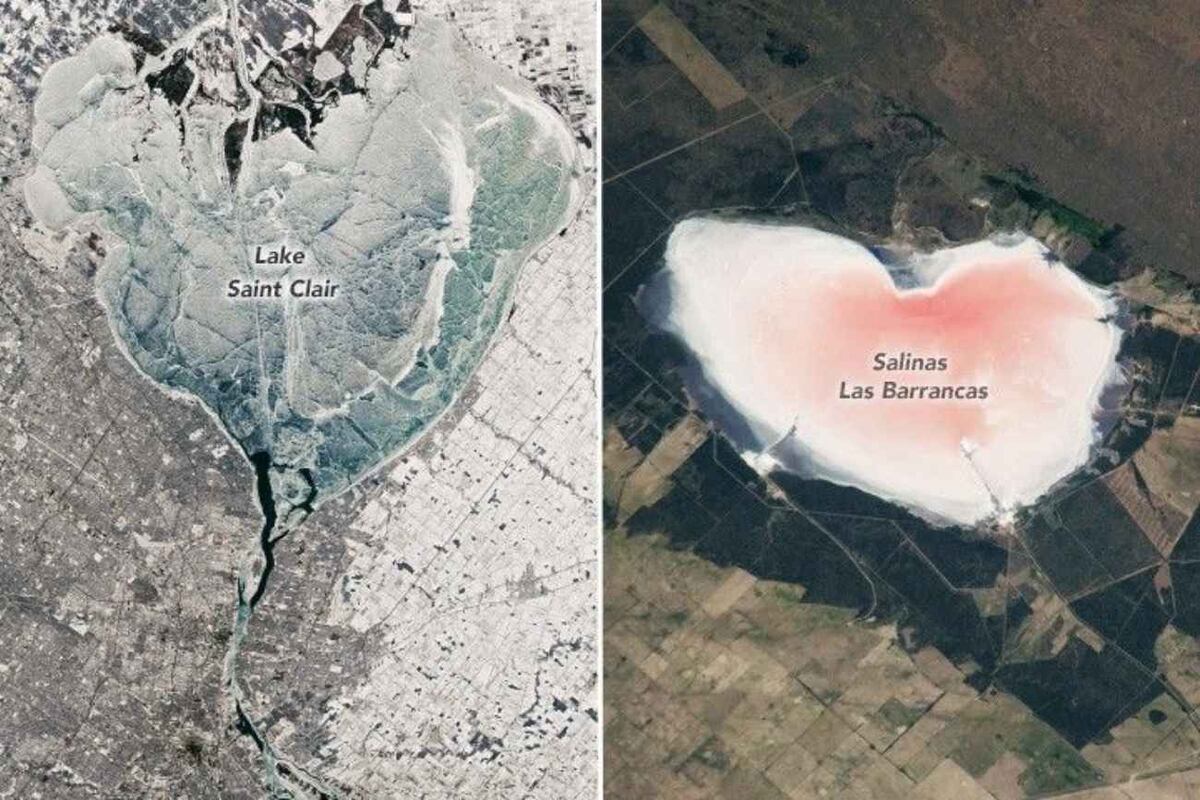 Uno congelado, otro salado y con hemisferios separados, dos lagos muy diferentes comparten la forma de San Valentín. (Nasa)