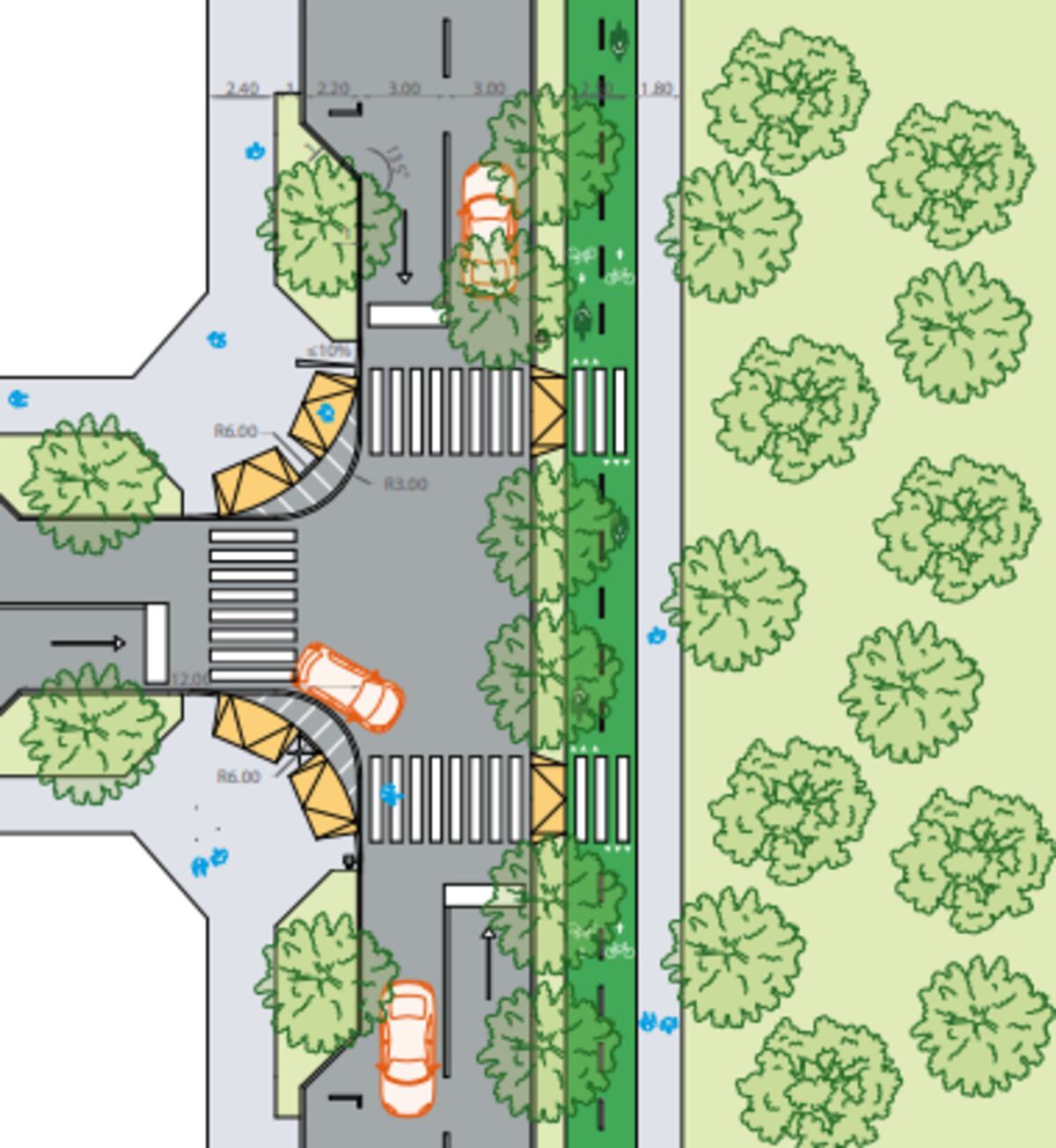 Calle de Faja de Resguardo. Funciona como transición entre zonas residenciales e industriales, con franja verde amortiguadora.