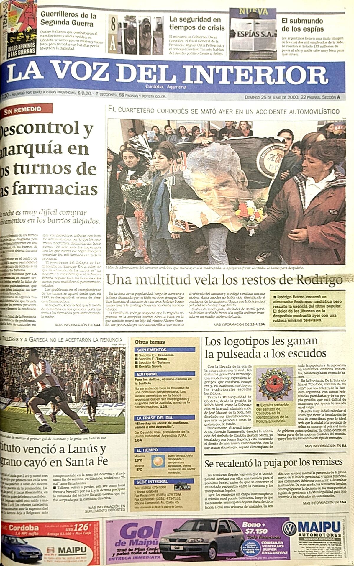 25 años sin Rodrigo: así reflejaba La Voz la muerte del "Potro" en junio de 2000.