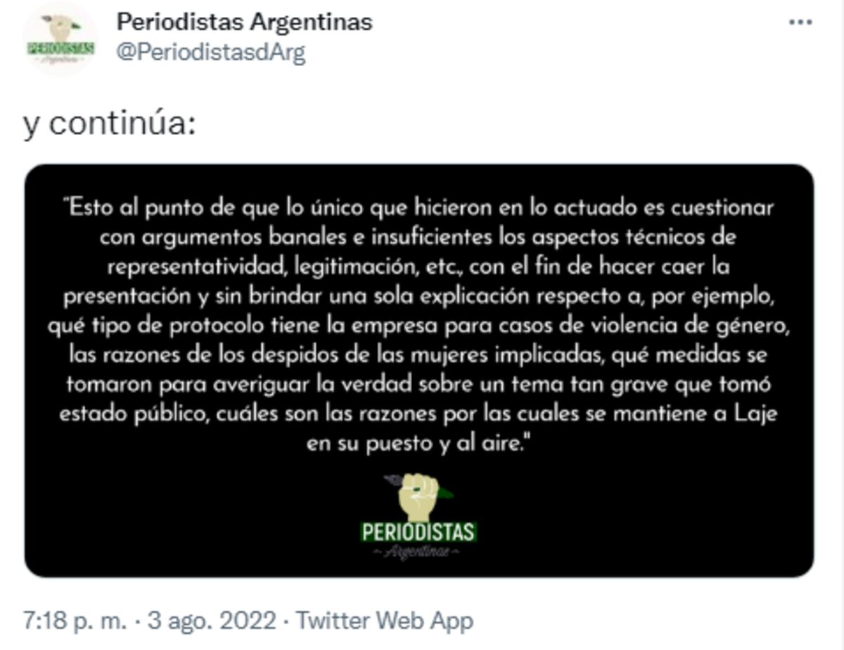 El hilo de Twitter de Periodistas Argentinas sobre el dictamen del INADI acerca de las denuncias contra Antonio Laje y Grupo América (Captura de pantalla)