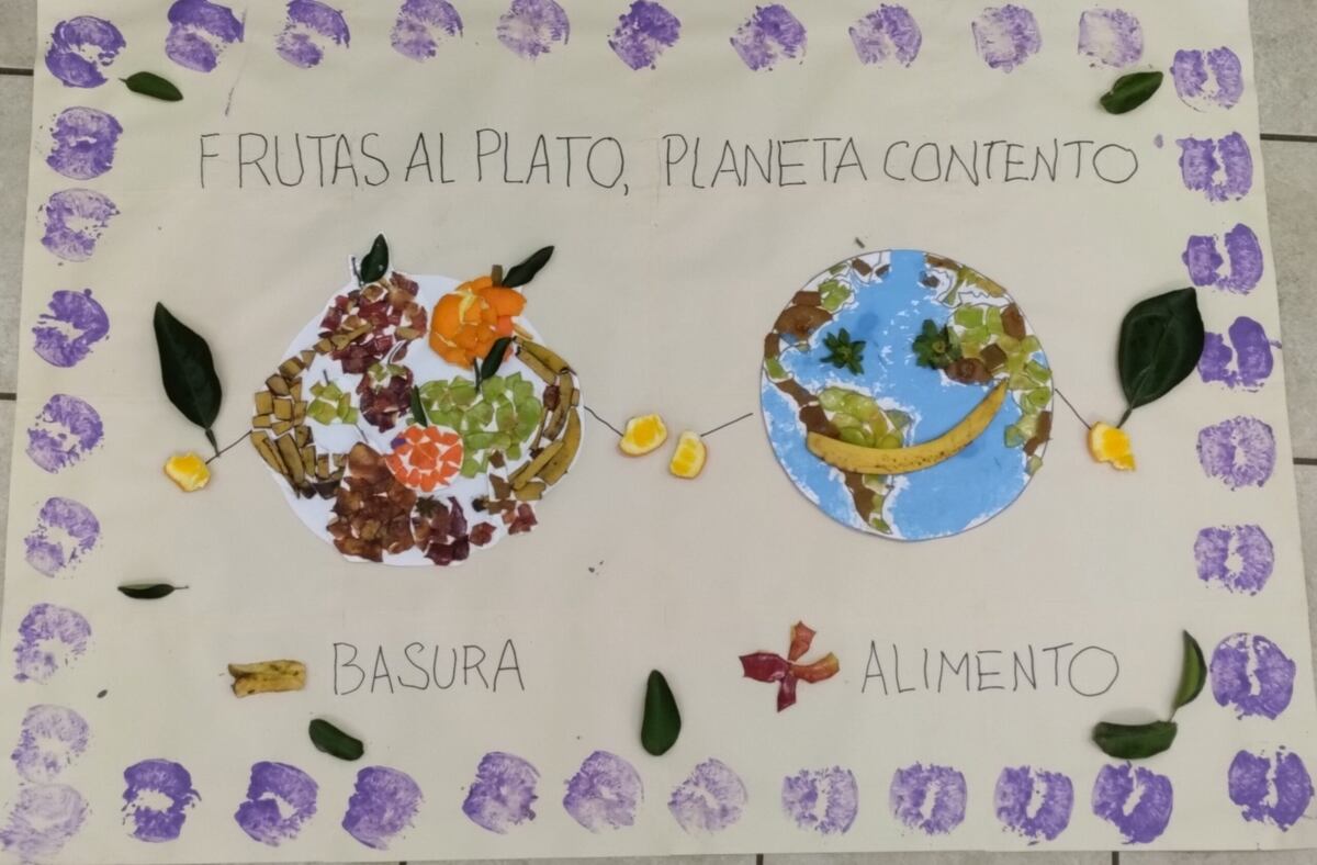 Nivel inicial presentó en 2025 un afiche hecho con cáscara de frutas. Proyecto galardonado, equipo Mandarina. (Gentileza)