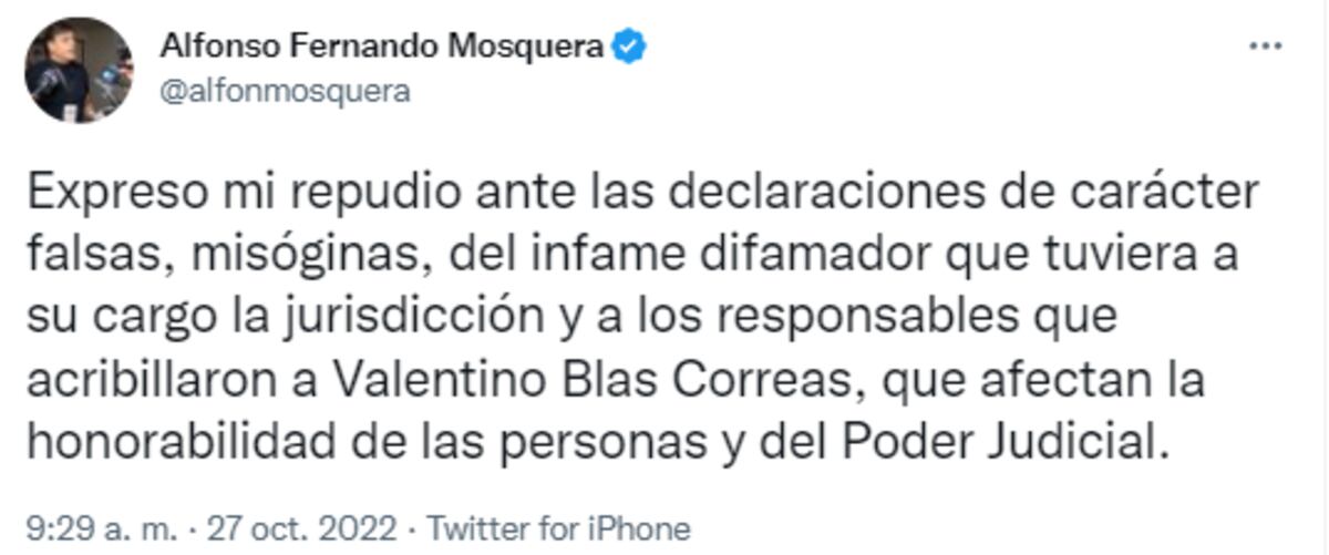 Tuit. Uno de los dos tuits que publicó Mosquera para repudiar a Cumplido. (Captura de Twitter)