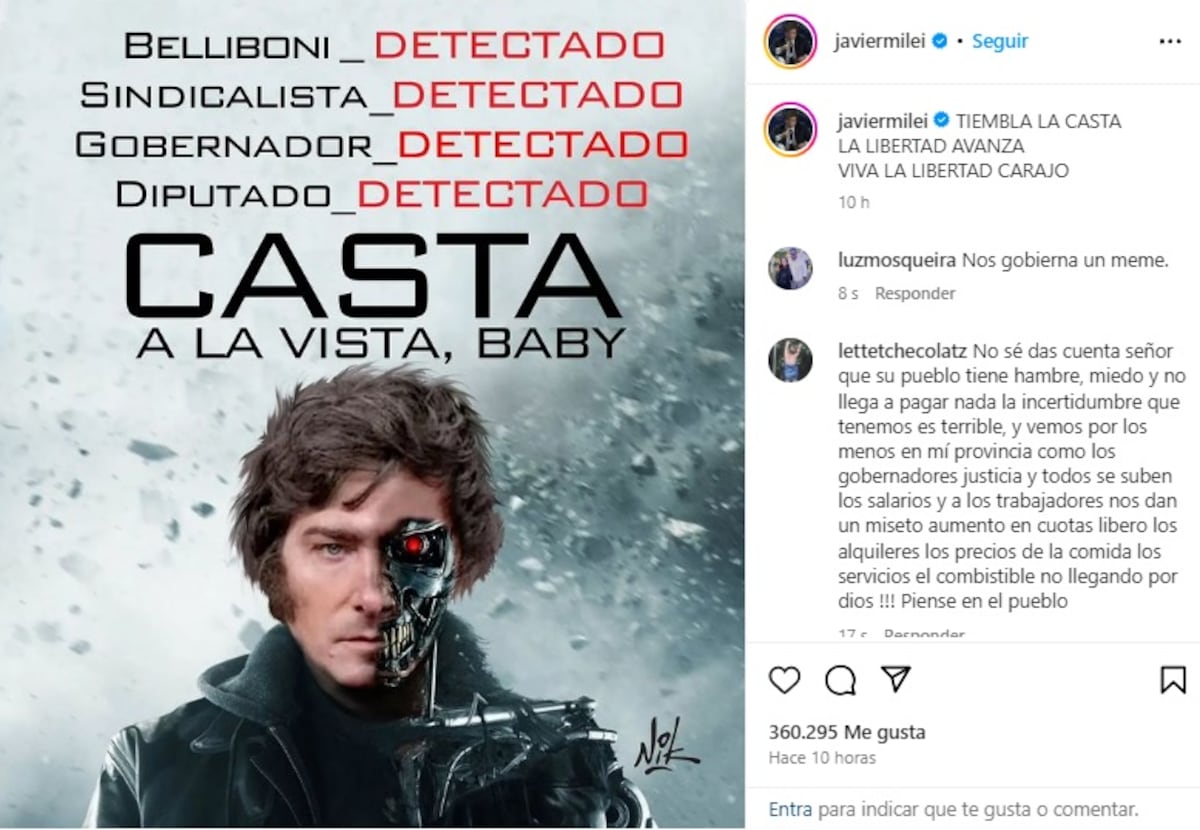 La publicación satírica compartida por el presidente en su cuenta de Instagram. (Javier Milei)