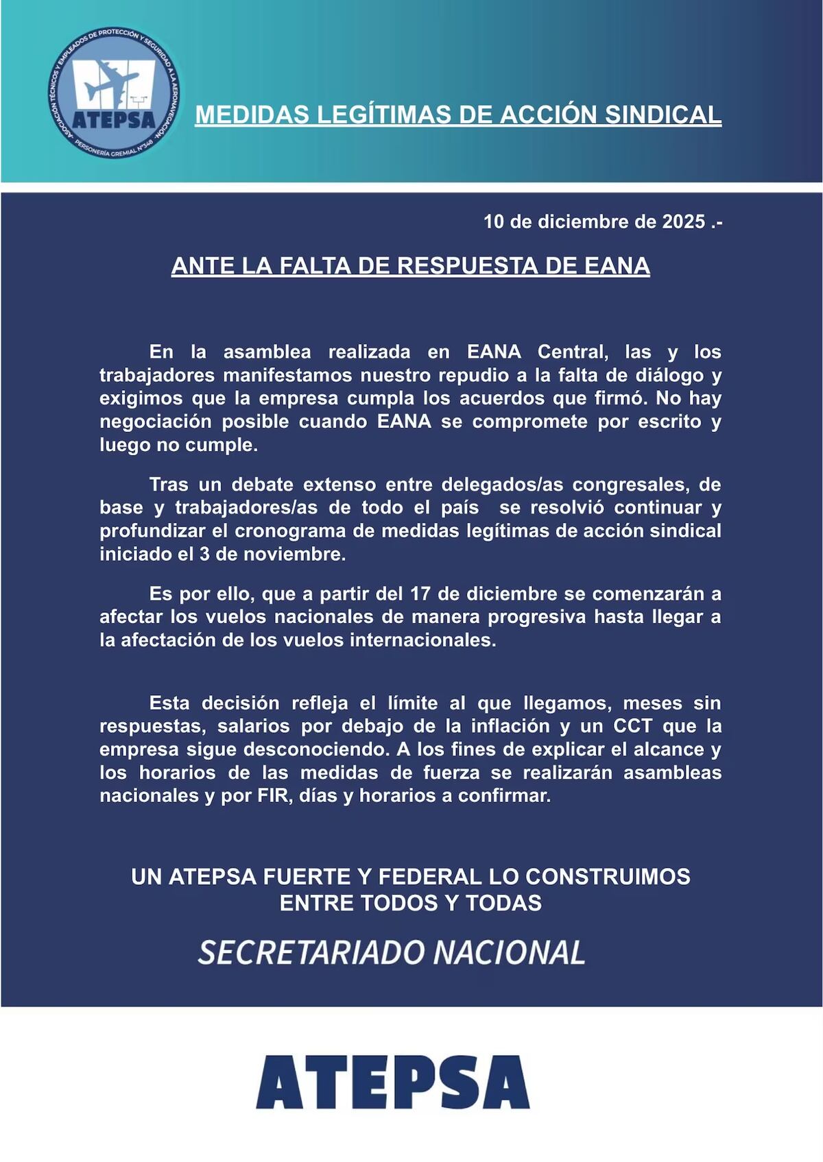El gremio de controladores aéreos (ATEPSA) anunció que retomará las medidas de fuerza a partir del 17 de diciembre.