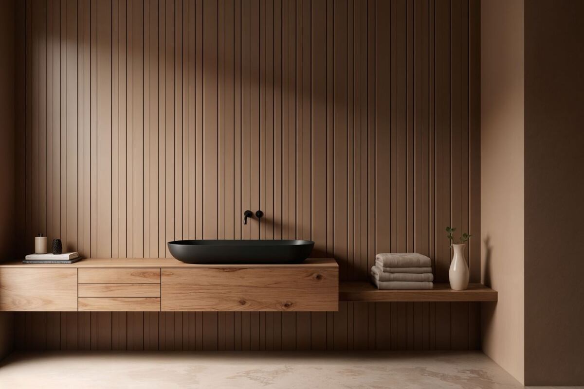 Muebles de guardado, vanitorys y estanterías son las aplicaciones más seguras para incorporar madera sin exponerla al contacto directo con el agua.