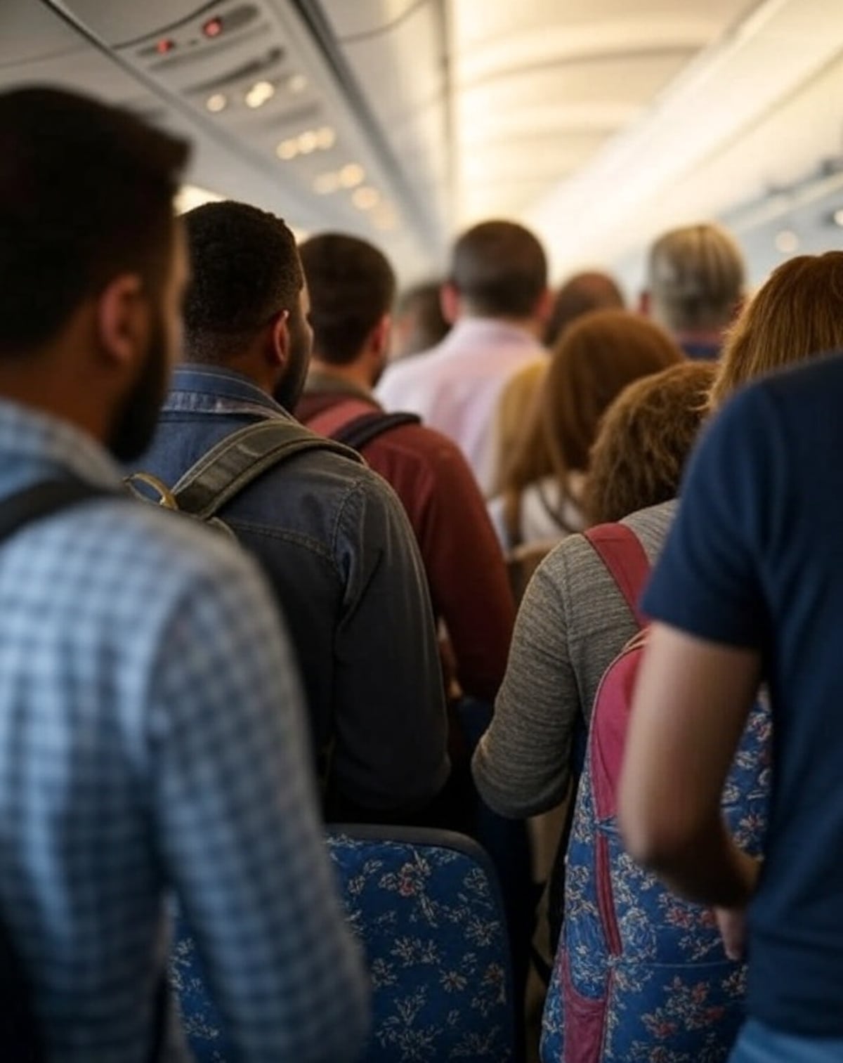 Pasajeros tratando de descender de un vuelo. (Grok / IA)
