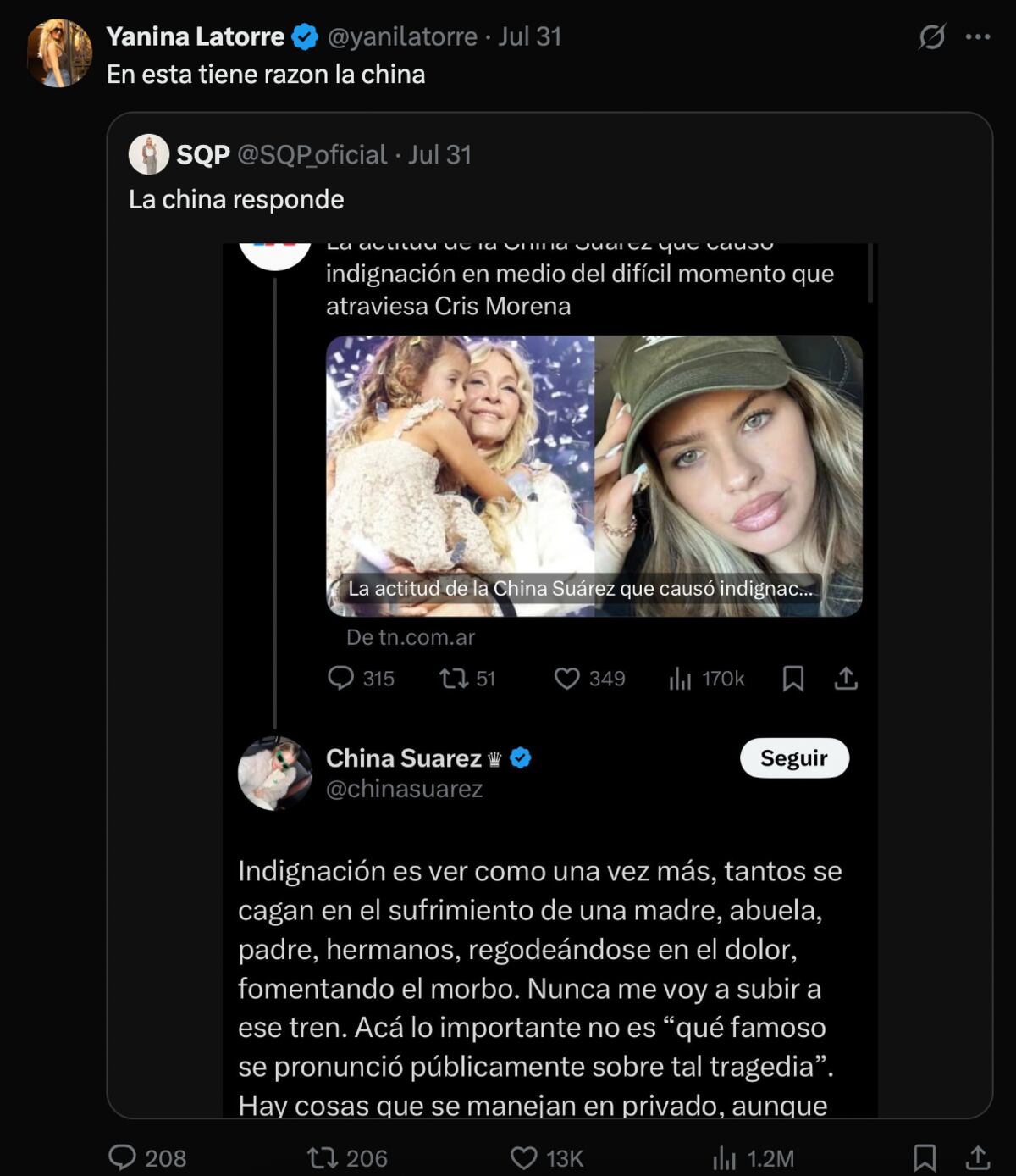 Yanina Latorre apoyó a "la China" Suárez luego de que la criticaran en redes por su actitud pública ante la muerte de Mila Yankelevich. (Foto: captura de pantalla)