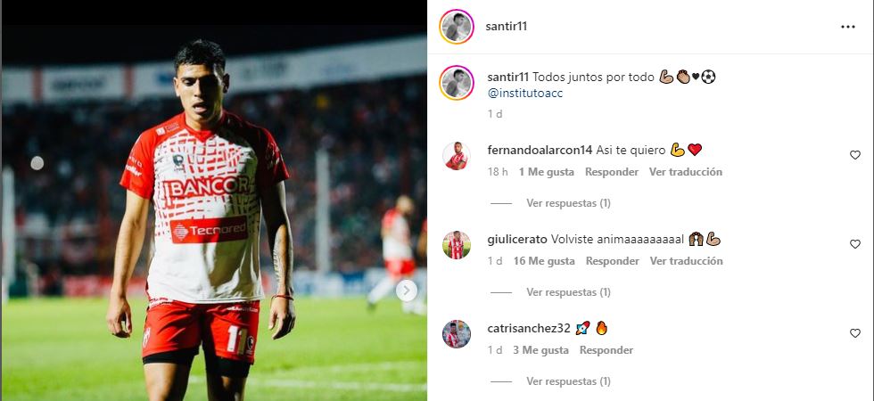 Santiago Rodríguez, su publicación en Instagram y los comentarios de sus compañeros. (Captura).