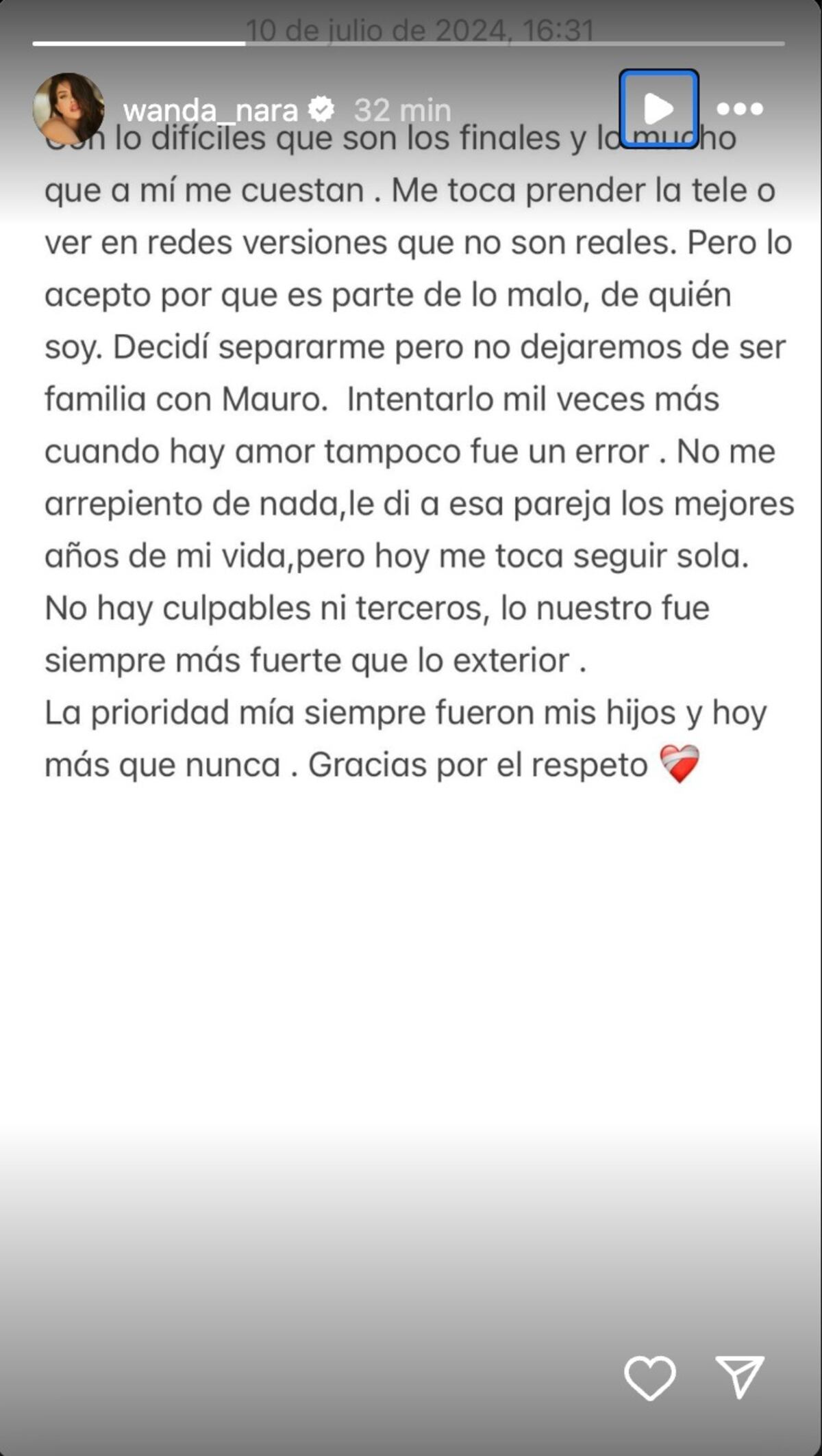 Wanda Nara confirmó su separación con un comunicado en Instagram. (Foto: captura de pantalla)