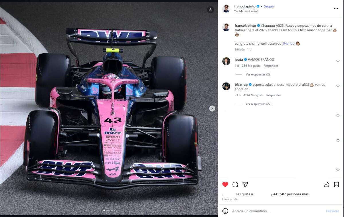 El llamativo posteo de Franco Colapinto para despedir su primera temporada de Fórmula 1 con Alpine. (Captura)