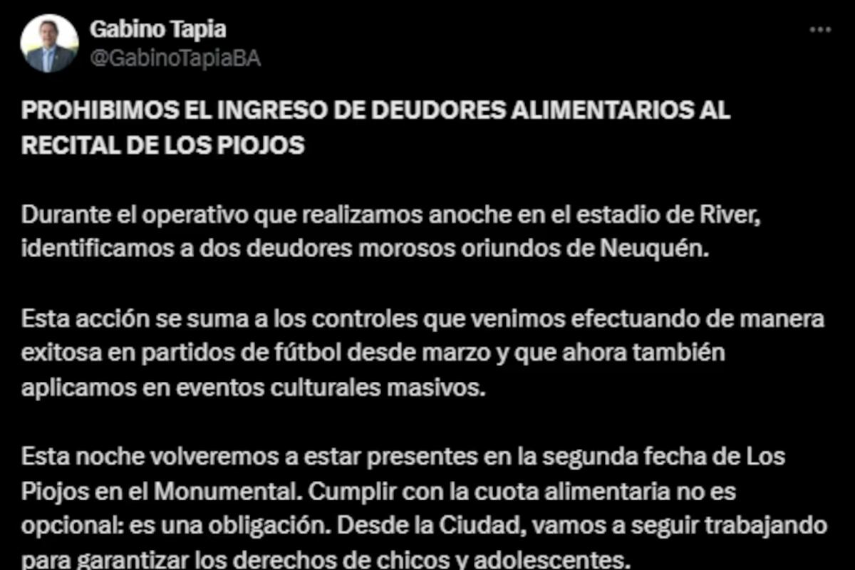 Impidieron el ingreso a dos deudores alimentarios al recital de Los Piojos en River. (Gentileza)