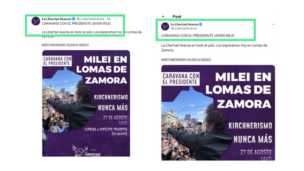 Reverso. A la izquierda, un tuit de @LLibertadAvanza visto desde el feed del usuario; a la derecha, el mismo tuit visto en detalle. Allí se ve cómo los textos y los avatares se sitúan en lugares distintos.