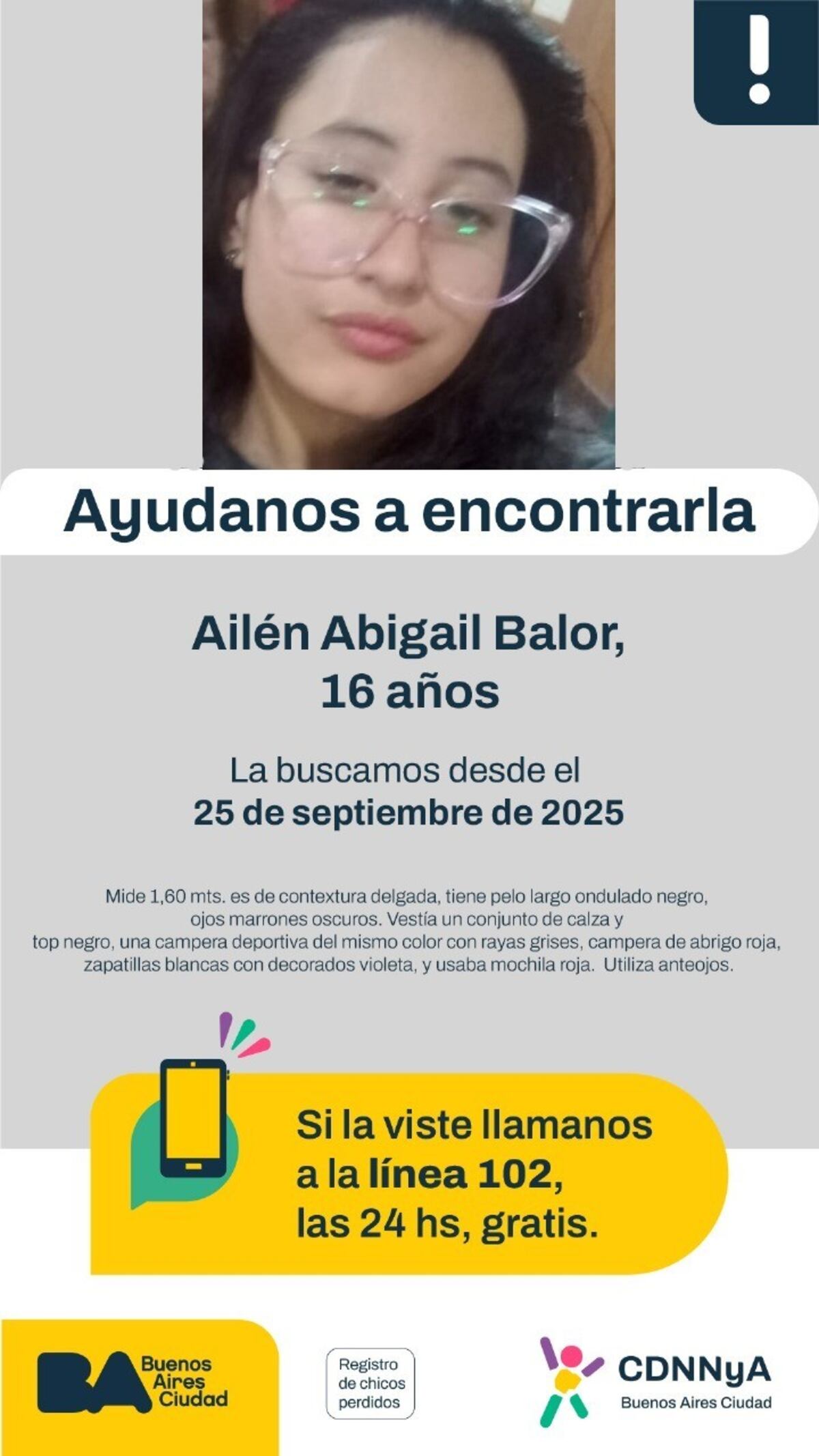 Buscan a Ailén, una chica de 16 años desaprecida en Ciudad de Buenos Aires.