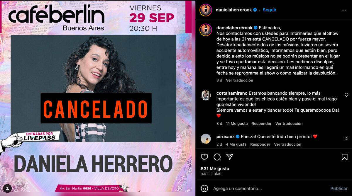 El comunicado que Daniela Herrero publicó en su cuenta de Instagram. (Foto: Captura de pantalla)