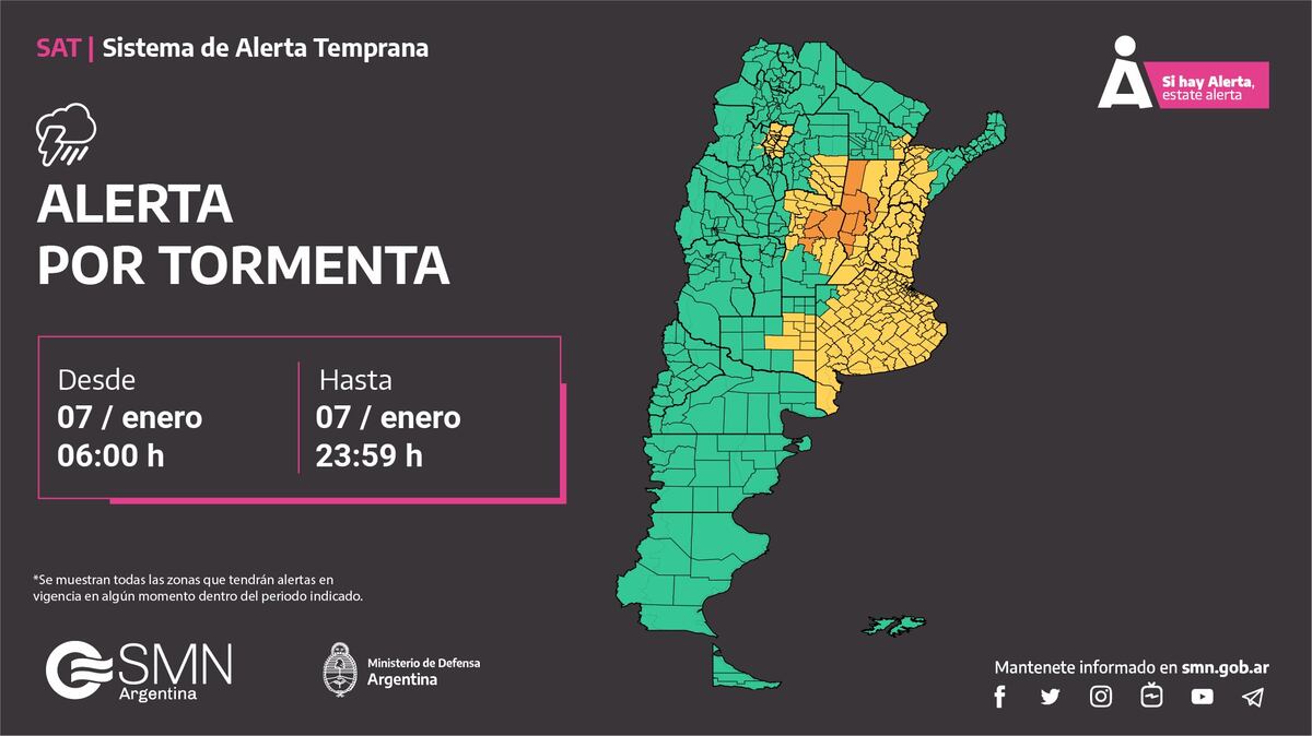Clima. Alerta naranja y amarilla por tormentas para este domingo 7 de enero. (SMN)