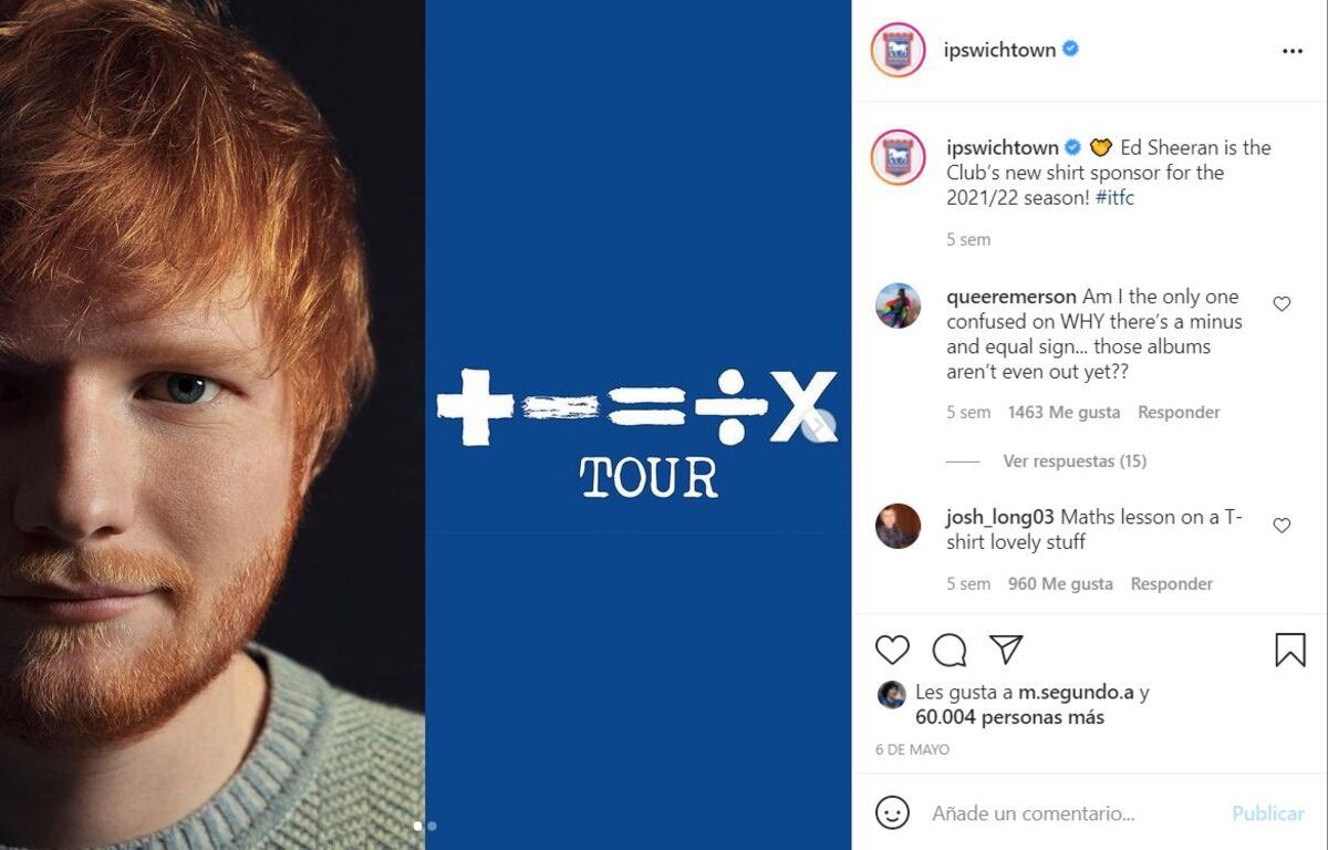 El posteo en el que el club del este de Inglaterra anunció su vínculo comercial con Sheeran, su hincha más famoso.