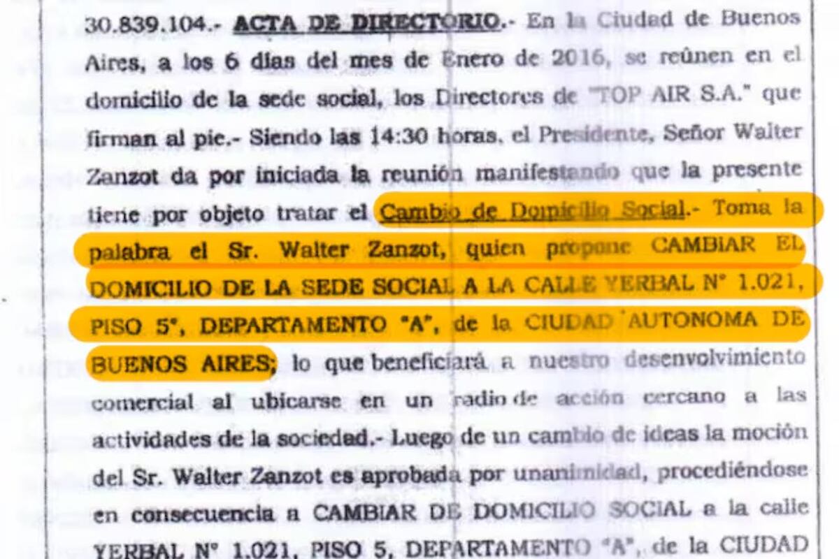 Acta de directorio de Top Air SA (Gentileza / La Nación).