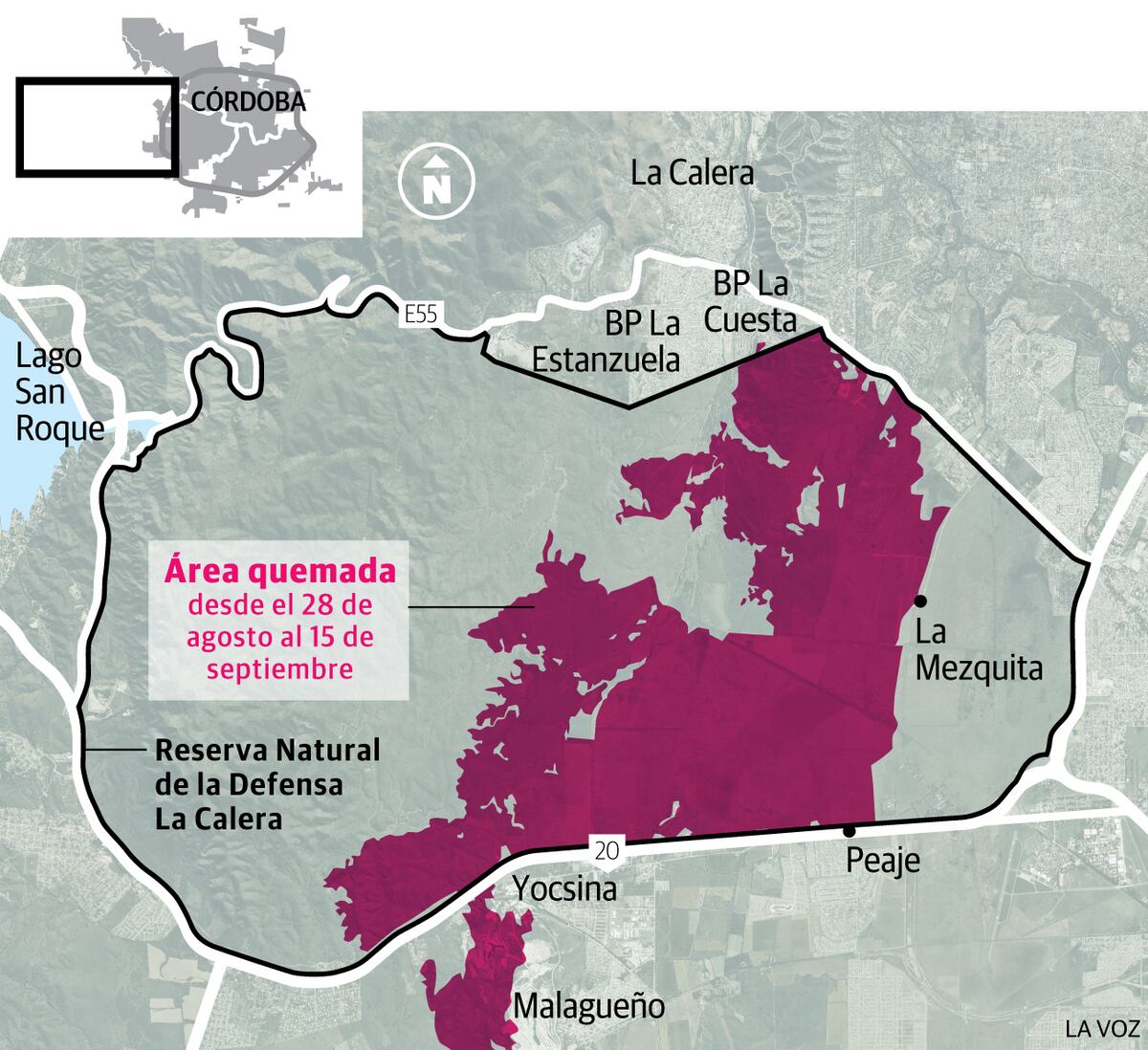 El mapa de la reserva natural de la Defensa La Calera y el área quemada en los grandes incendios del año 2024 en su interior,.