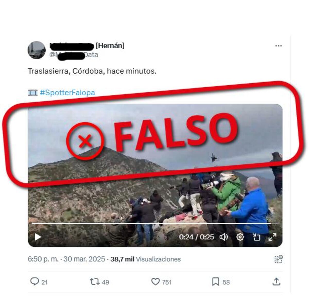 Es falso que un avión Mirage sobrevoló Traslasierra. (Captura)
