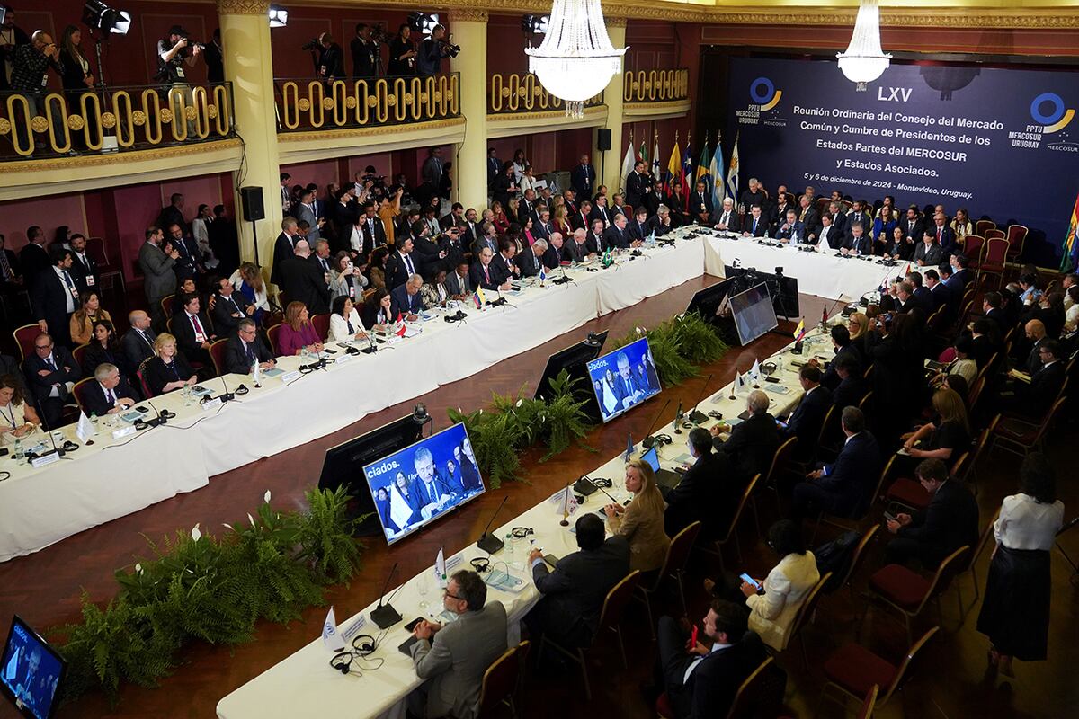 Líderes y delegados asisten a la Cumbre del Mercosur en Montevideo, Uruguay, el viernes 6 de diciembre de 2024. (Foto AP/Matilde Campodonico)