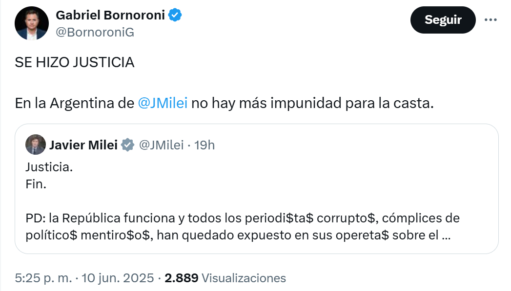 Declaración via X de Gabriel Bornoroni, diputado nacional libertario, junto a lo publicado por Jvier Milei sobre la condena a Cristina Fernández de Krichner.