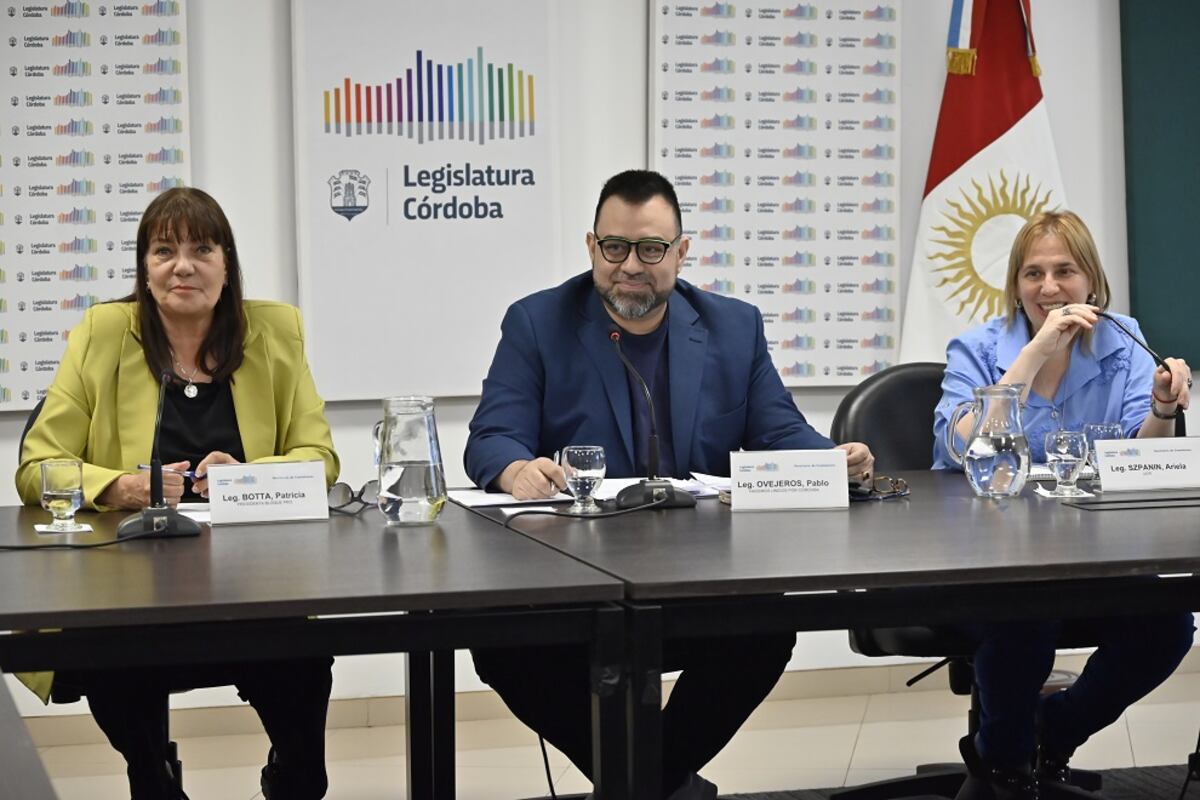 El legislador Pablo Ovejeros, al centro, y la legisladora Ariela Szpanin a la izquierda, autores de la iniciativa. (Legislatura de Córdoba)