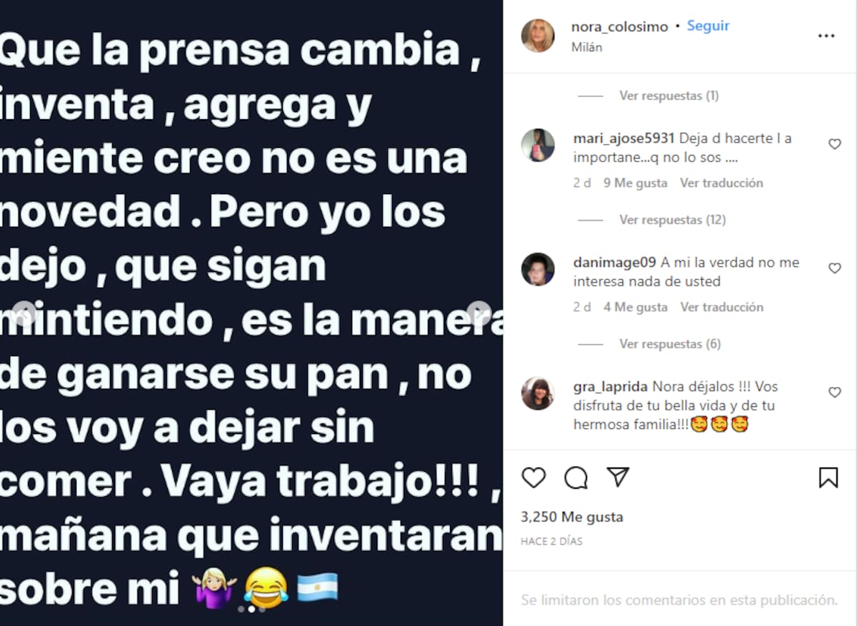 Nora Colosimo apuntó contra la prensa argentina (Captura de pantalla)