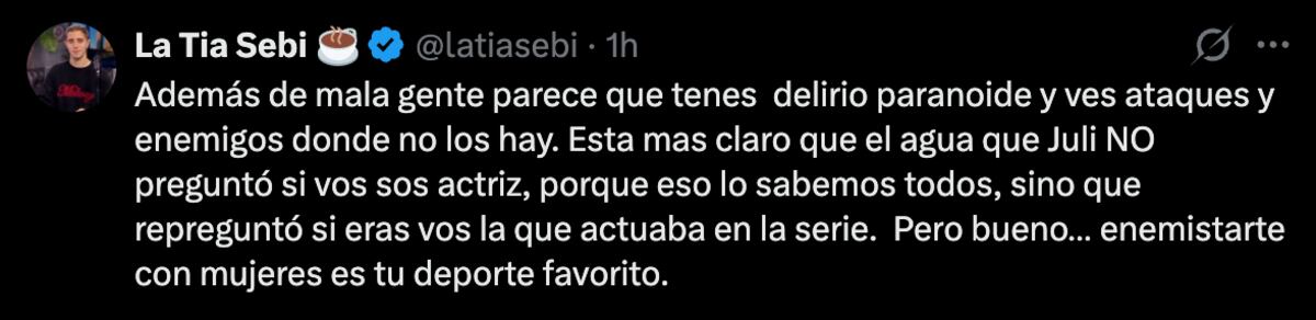 La respuesta de la tía Sebu a la China Suárez por pelearse con Juli Poggio. (Foto: captura de pantalla)
