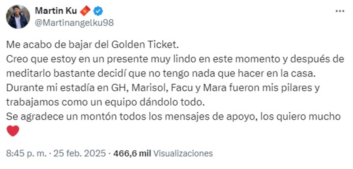 El descargo de Martín Ku tras su posible regreso a Gran Hermano (Captura de pantalla)